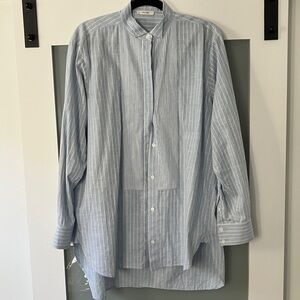 Celine Blue and White Pinstripe Mandarin-Collar Shirt